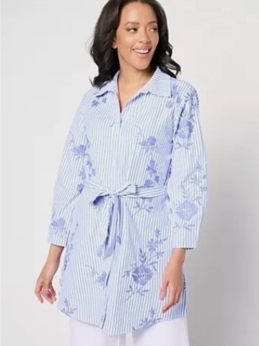 Blue Striped Floral Tie-Waist Long Sleeve Top